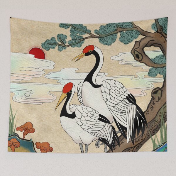Item preview, Pure Longevity: Cranes on a Pine Tree in Light Ocher  designed and sold by QamarART Paintings.