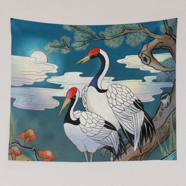 Item preview, Moonlit Longevity: Cranes on a Pine Tree in Azure Night designed and sold by QamarART Paintings.