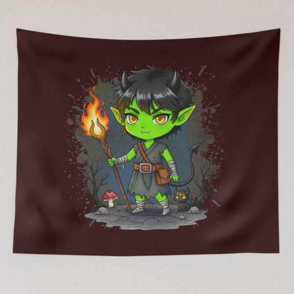 Item preview, Kawaii Green Goblin Mage with Flaming Staff designed and sold by MBBialyPiksel.