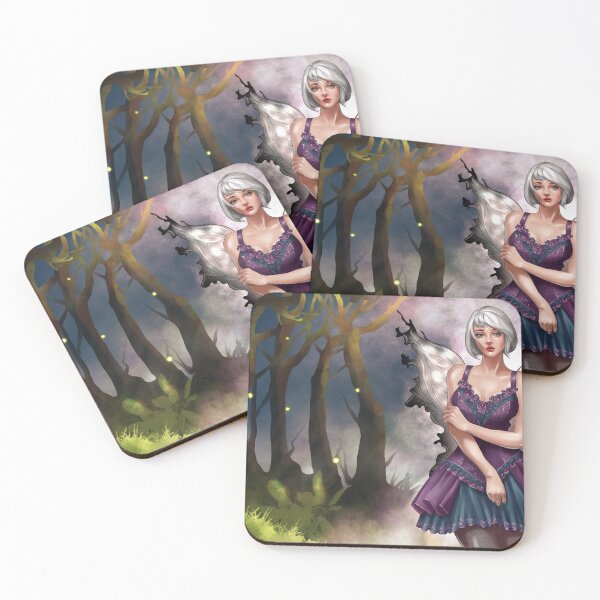 Item preview, Fantasy fairy stands in a dark forest with glowing lights during nighttime near trees and greenery designed and sold by Ms. Iryna.