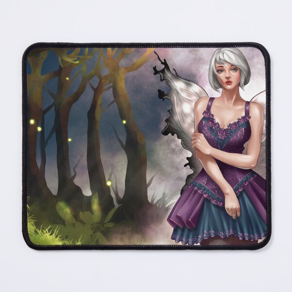 Item preview, Fantasy fairy stands in a dark forest with glowing lights during nighttime near trees and greenery designed and sold by Ms. Iryna.