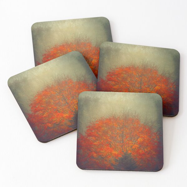 Item preview, Vibrant  Red Autumn Tree in Mist designed and sold by Dyrk Wyst Redbubble Shop.