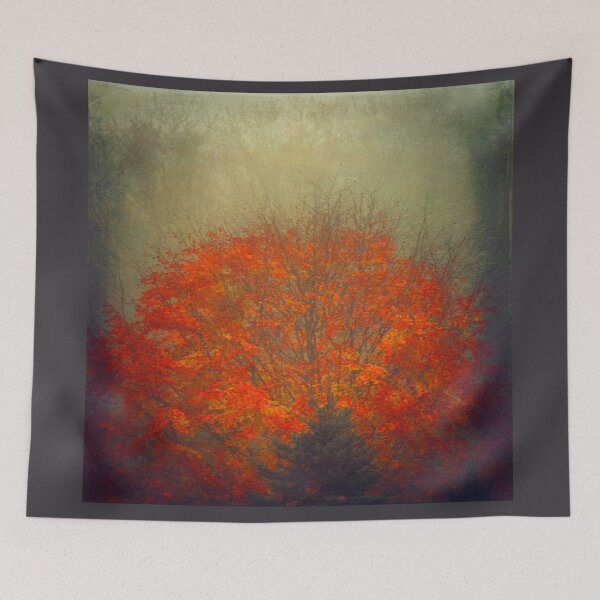 Item preview, Vibrant  Red Autumn Tree in Mist designed and sold by Dyrk Wyst Redbubble Shop.
