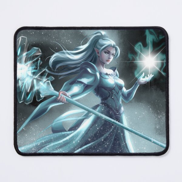 Item preview, Woman with long hair holding a staff and glowing orb in a snowy setting with dark background designed and sold by Ms. Iryna.