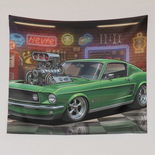 Item preview, 1967 Green Ford Mustang Supercharged – Cartoon Muscle Car Garage Art designed and sold by Random Designs.