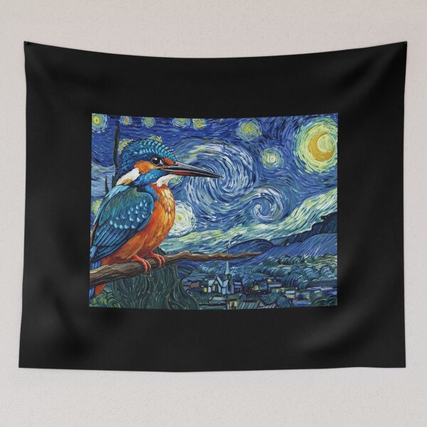 Item preview, Kingfisher on Starry Night - Van Gogh Inspired Bird Art designed and sold by Animal Xeno Circus.