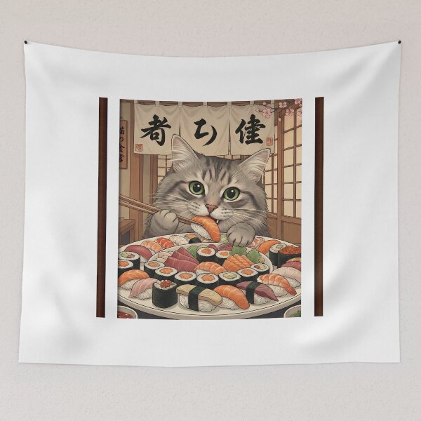 Item preview, Tabby cat devours massive sushi platter with chopsticks designed and sold by GymDzik.