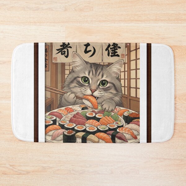 Item preview, Tabby cat devours massive sushi platter with chopsticks designed and sold by GymDzik.
