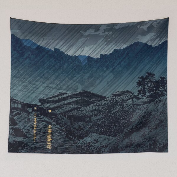 Item preview, Kiso No Suhara by Hasui Kawase: Rainy Night Japanese Village Poster designed and sold by artofuniverse.