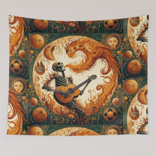 Item preview, Skeleton playing guitar in a surreal firescape designed and sold by 40degreesSouth.