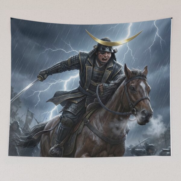 Item preview, Date Masamune Inspired One-Eyed Dragon Samurai - Crescent Moon Helmet Storm Battle Art designed and sold by Mori-no-Akari.