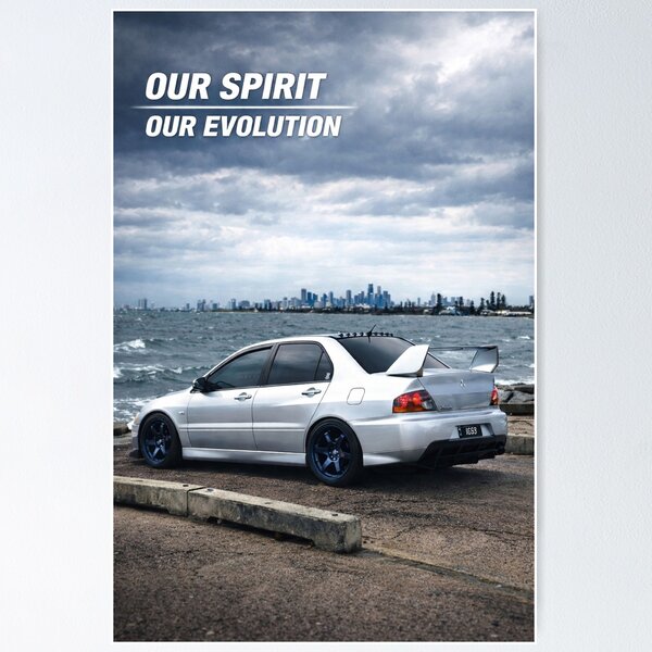 Item preview, Mitsubishi Evo 9 Apex Silver poster OUR SPIRIT OUR EVOLUTION designed and sold by TheMitsuGuy.