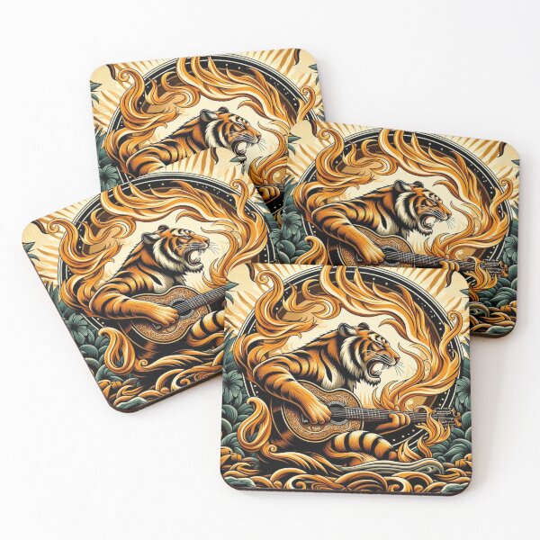 Item preview, Guitar playing Tiger in flaming ring with vintage look designed and sold by 40degreesSouth.