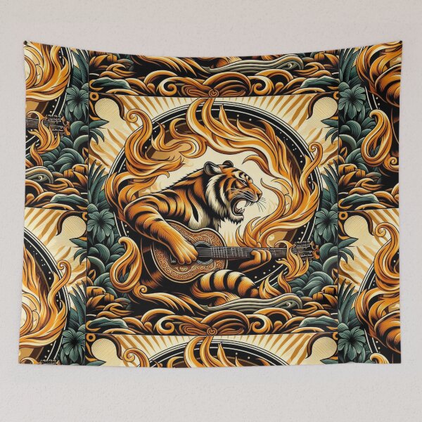 Item preview, Guitar playing Tiger in flaming ring with vintage look designed and sold by 40degreesSouth.