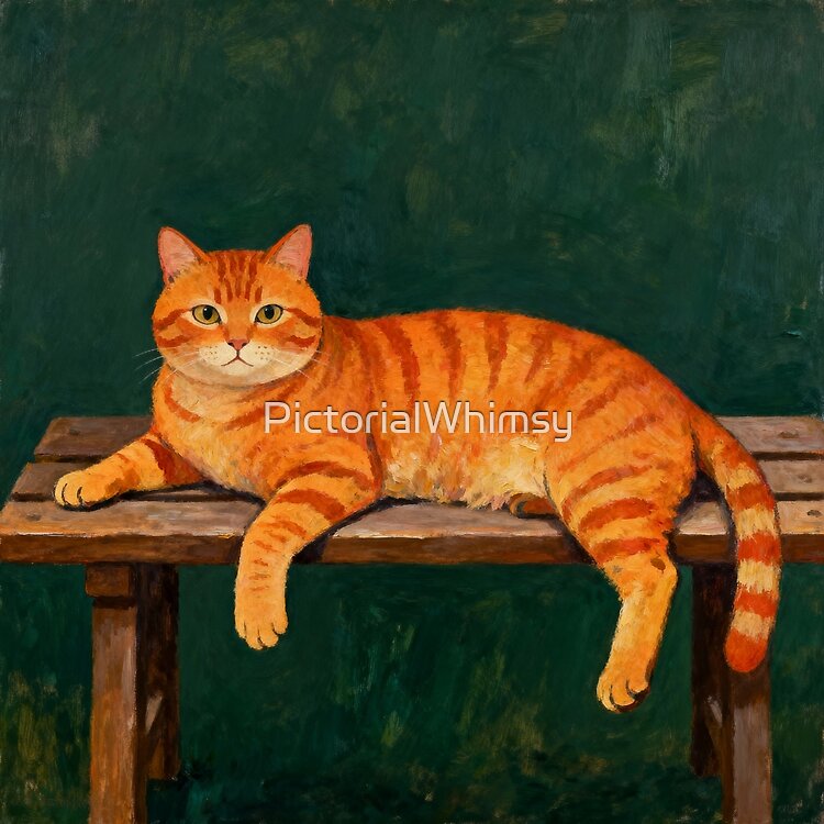 Judgmental orange cat primitive folk art portrait — whimsical feline wall art print