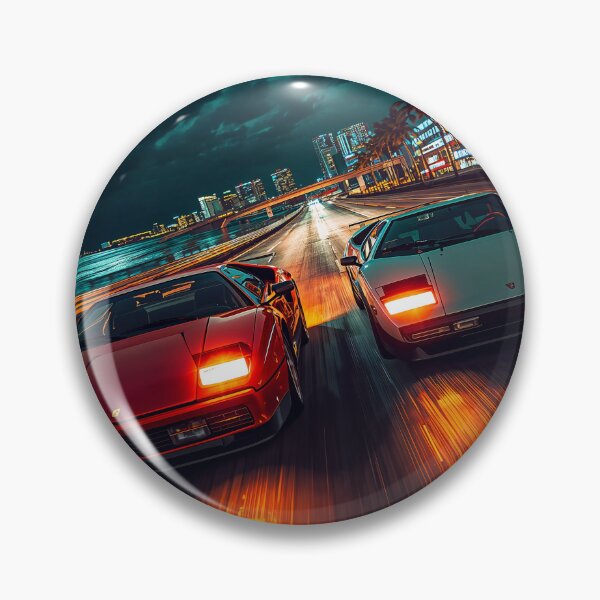 Item preview, Ferrari vs Lamborghini Coastal Night Race Miami Retrowave Art designed and sold by Kynura.