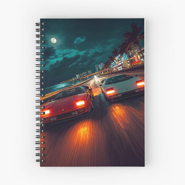 Item preview, Ferrari vs Lamborghini Coastal Night Race Miami Retrowave Art designed and sold by Kynura.