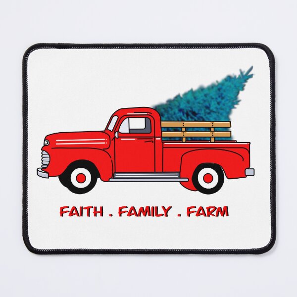 Item preview, Faith, family, farm, Vintage red pick-up truck drawing, holiday design, Christmas tree designed and sold by hollycooper.