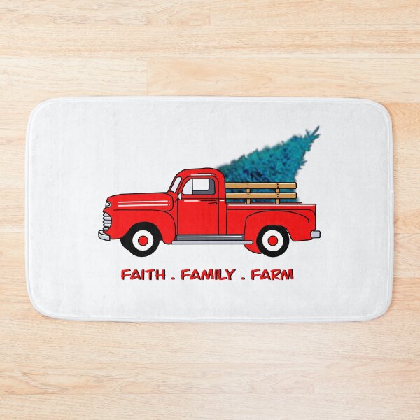 Item preview, Faith, family, farm, Vintage red pick-up truck drawing, holiday design, Christmas tree designed and sold by hollycooper.