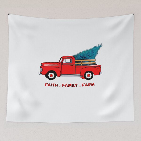 Item preview, Faith, family, farm, Vintage red pick-up truck drawing, holiday design, Christmas tree designed and sold by hollycooper.