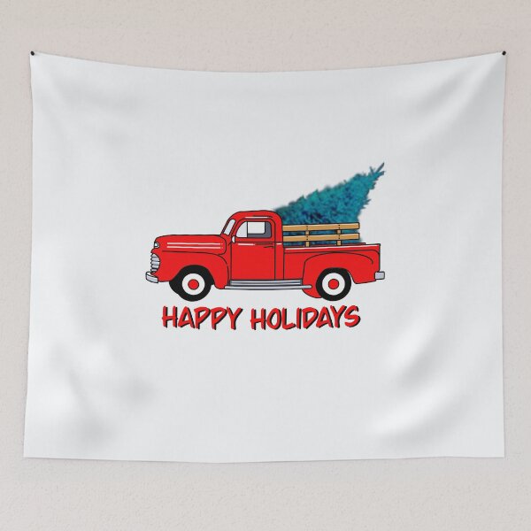 Item preview,  Vintage red pick-up truck drawing, holiday design, Christmas tree designed and sold by hollycooper.