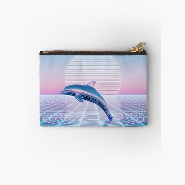 Aperçu de l'œuvre Dauphin chromé néon - Coucher de soleil vaporwave et punk créée et vendue par powersunlight.