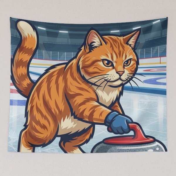 Item preview, Ginger Tabby Cat Curling Athlete Illustration designed and sold by HappySproutArt.