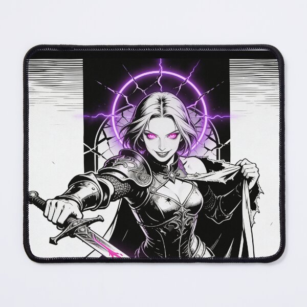 Item preview, saint of sin joan of arc inspired gothic warrior neon halo hot pink eyes electric purple halo dark fantasy engraving designed and sold by DarkMedieval.