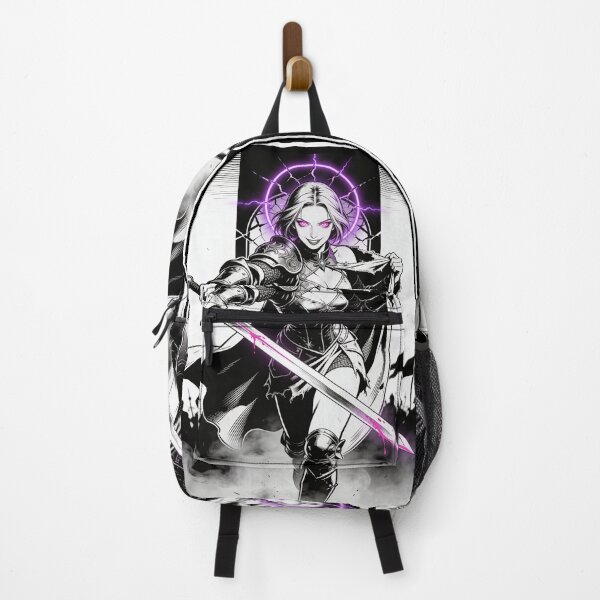 Item preview, saint of sin joan of arc inspired gothic warrior neon halo hot pink eyes electric purple halo dark fantasy engraving designed and sold by DarkMedieval.