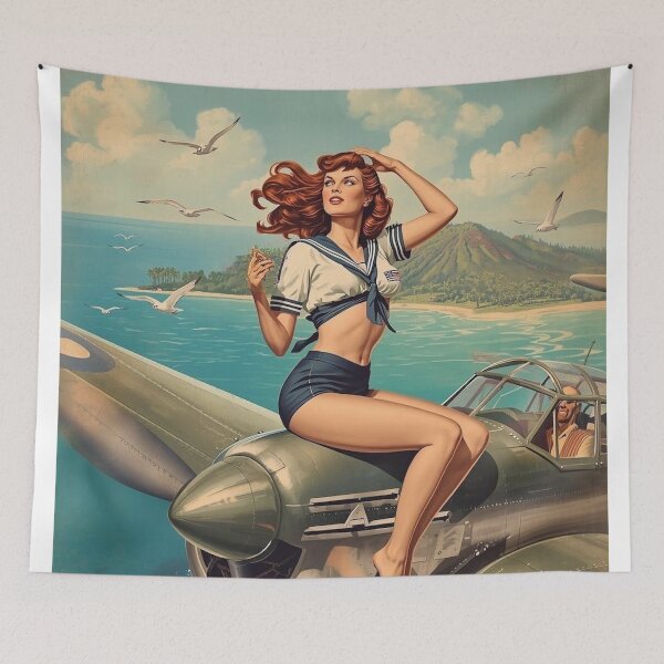 Item preview, Vintage Navy Pin‑Up Girl | WWII Bomber Nose Art Redhead Illustration designed and sold by MissSaylor.