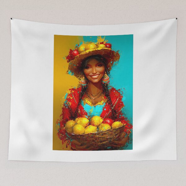 Item preview, Colorful Woman with Fruit Basket and Bright Backdrop designed and sold by Artessie.