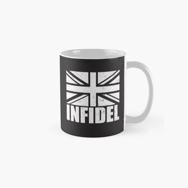 Infidel word with Union Jack British UK United Kingdom flag GRUNGE black and white on black background Brexit HD HIGH QUALITY Classic Mug