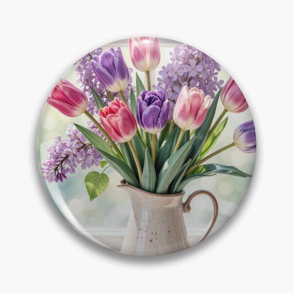 Item preview, Ramo de tulipanes primaverales y lilas en jarra vintage designed and sold by Maria Dryfhout.