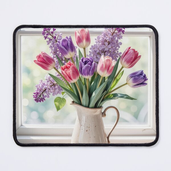 Artikelvorschau, Frühlingsstrauß aus Tulpen und Flieder in einer Vintage-Kanne entworfen und verkauft von Maria Dryfhout.