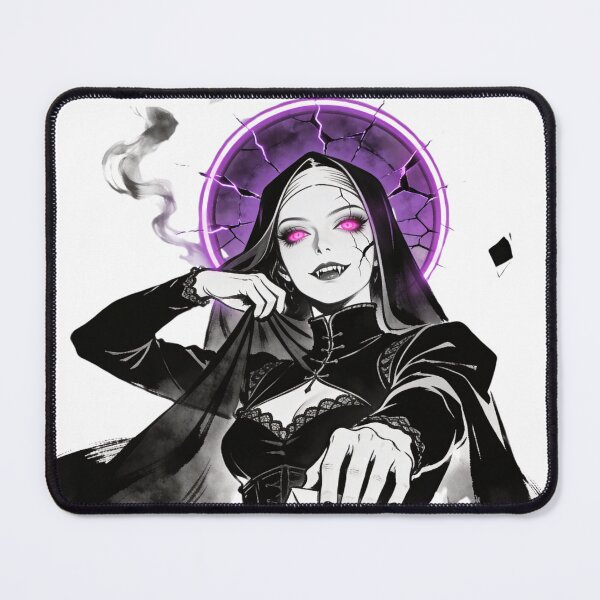 Item preview, saint of sin femme fatale spy archetype gothic saint neon halo hot pink eyes electric purple halo dark fantasy engraving designed and sold by DarkMedieval.