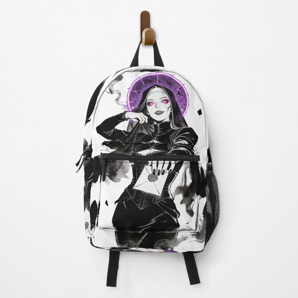 Item preview, saint of sin femme fatale spy archetype gothic saint neon halo hot pink eyes electric purple halo dark fantasy engraving designed and sold by DarkMedieval.