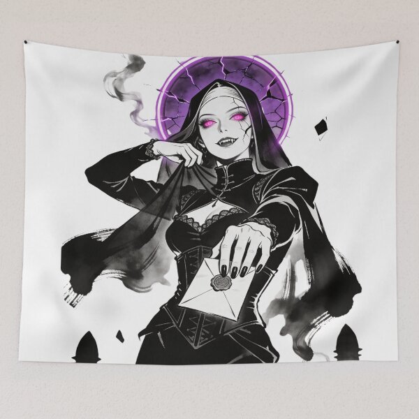 Item preview, saint of sin femme fatale spy archetype gothic saint neon halo hot pink eyes electric purple halo dark fantasy engraving designed and sold by DarkMedieval.