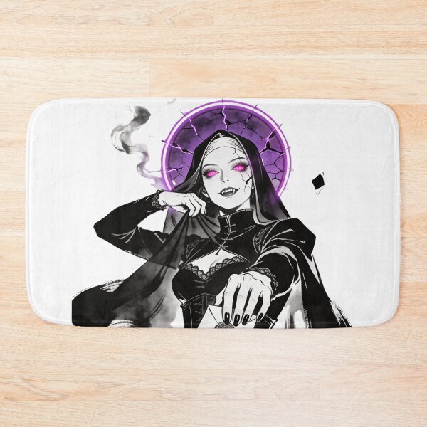 Item preview, saint of sin femme fatale spy archetype gothic saint neon halo hot pink eyes electric purple halo dark fantasy engraving designed and sold by DarkMedieval.
