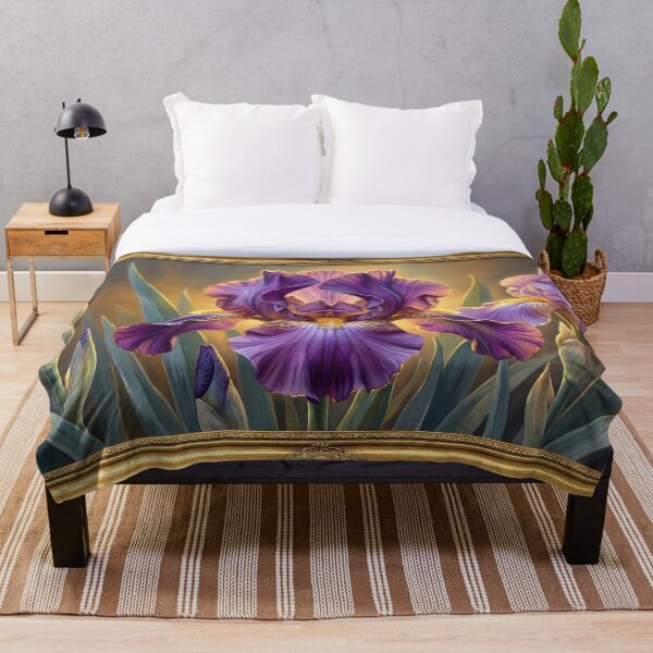 Aperçu de l'œuvre Tableau floral Iris violet – Toile botanique avec cadre doré spectaculaire créée et vendue par DesignAnother.