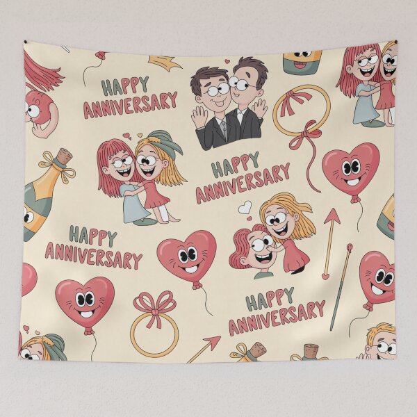 Item preview, Happy Anniversary Doodle Pattern - Cute Hugging Couples & Googly Hearts designed and sold by Midnight Veil Designs.