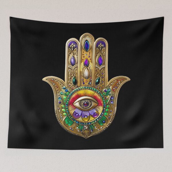 Item preview, Colorful Paint On Gold Hamsa Sapphire Ruby Third Eye designed and sold by Lee Hiller Designs.