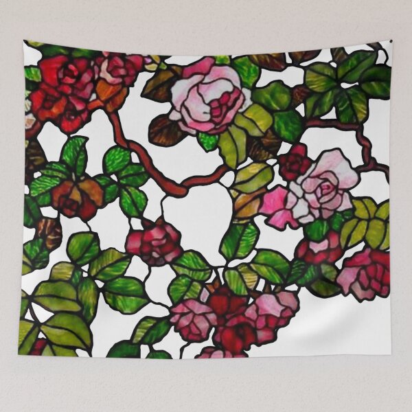 Item preview, Vintage boho botanical pink red roses tiffany style stain glass climbing red pink roses pink stained glass climbing roses designed and sold by hollycooper.
