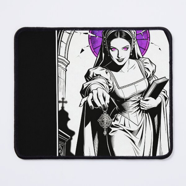 Item preview, gothic saint saint of sin renaissance poison queen lucrezia borgia inspired neon halo hot pink eyes electric purple halo engraving designed and sold by DarkMedieval.