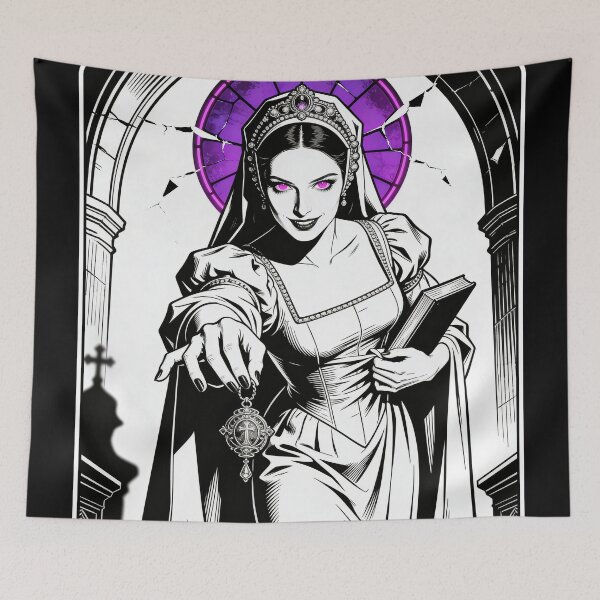 Item preview, gothic saint saint of sin renaissance poison queen lucrezia borgia inspired neon halo hot pink eyes electric purple halo engraving designed and sold by DarkMedieval.