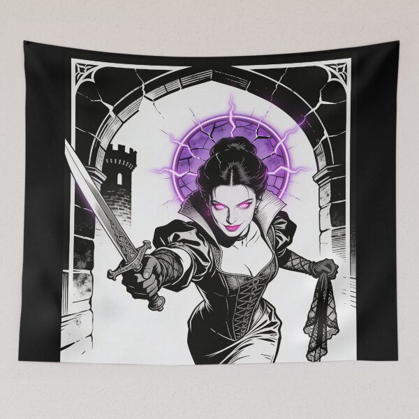 Item preview, gothic saint saint of bloodless countess dark fantasy engraving neon halo hot pink eyes electric purple halo femme fatale designed and sold by DarkMedieval.