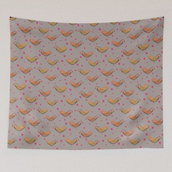 Item preview, Whimsical Birds & Pink Berry Dots on grey designed and sold by phatlizzardart.