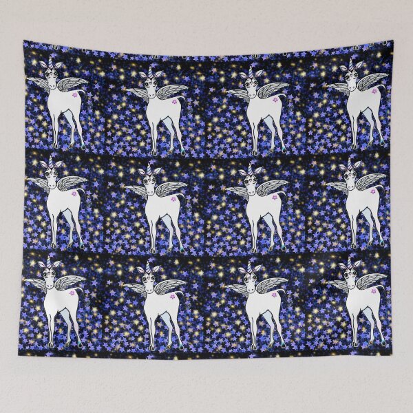 Item preview, Romantic unicorn, enchanted Unicorn, magical  winged unicorn with purple-blue and gold sparkling stars designed and sold by hollycooper.