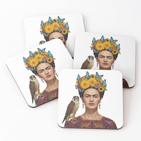 Item preview, Frida Kahlo Inspired Portrait with Falcon and Blue Butterflies designed and sold by TeeARTHY.