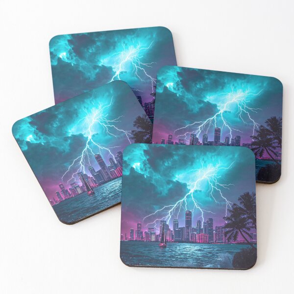 Item preview, Lightning Storm Miami Skyline Bay Dramatic Tropical Retrowave Art designed and sold by Kynura.