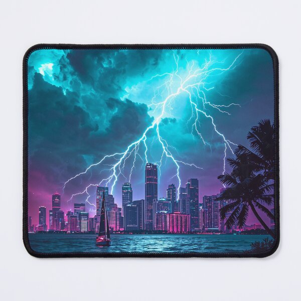 Item preview, Lightning Storm Miami Skyline Bay Dramatic Tropical Retrowave Art designed and sold by Kynura.